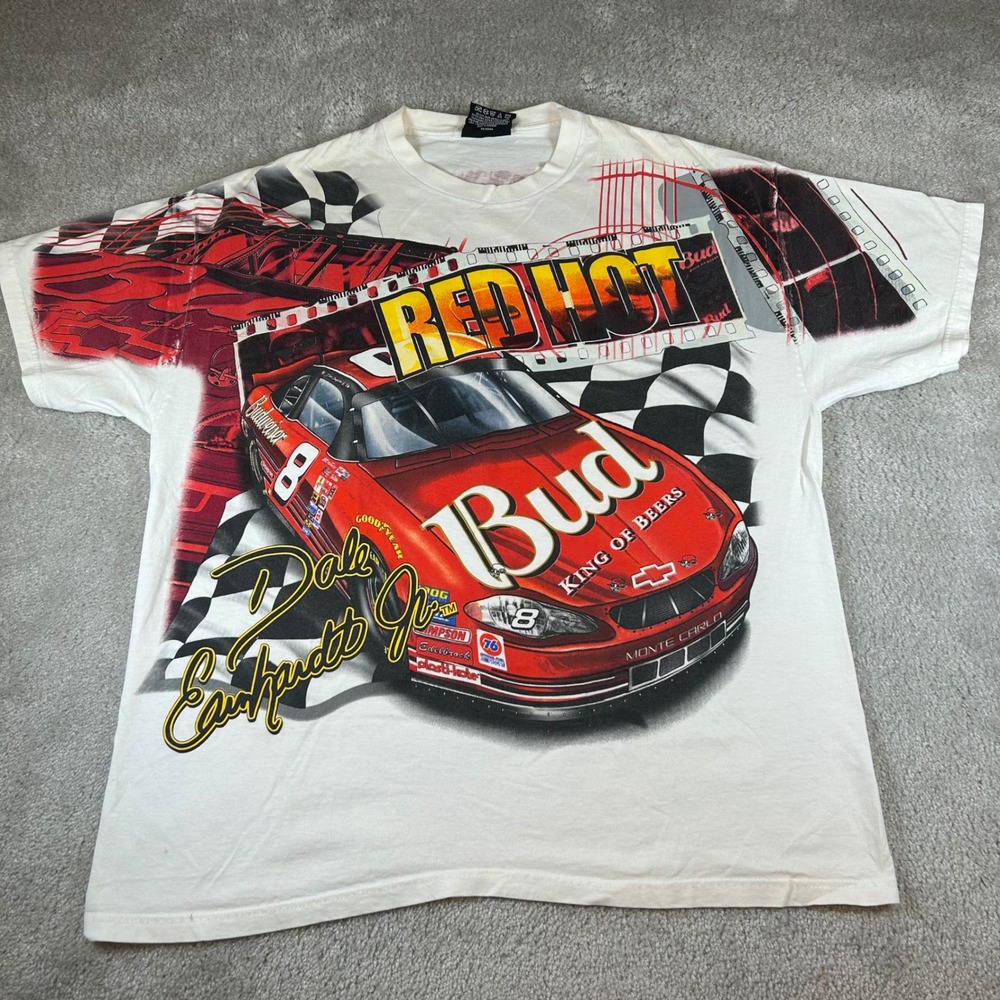 Chase Authentics NASCAR T-Shirt Mens Large White Dale Earnhardt Jr Budweiser AOP